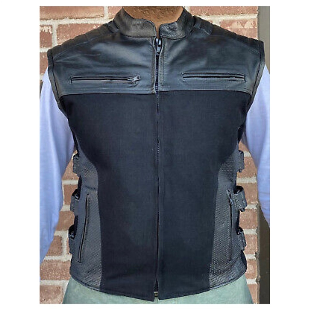 MEN'S MOTORCYCLE BLACK SWAT PREMIUM LEATHER AND DENIM CONCEALED CARRY VEST